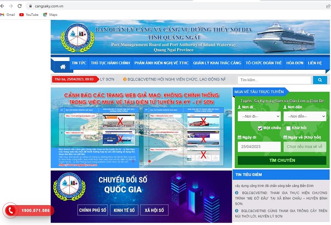 Xuất hiện nhiều Website giả mạo bán vé tàu trực tuyến (online) tuyến Sa Kỳ - Lý Sơn